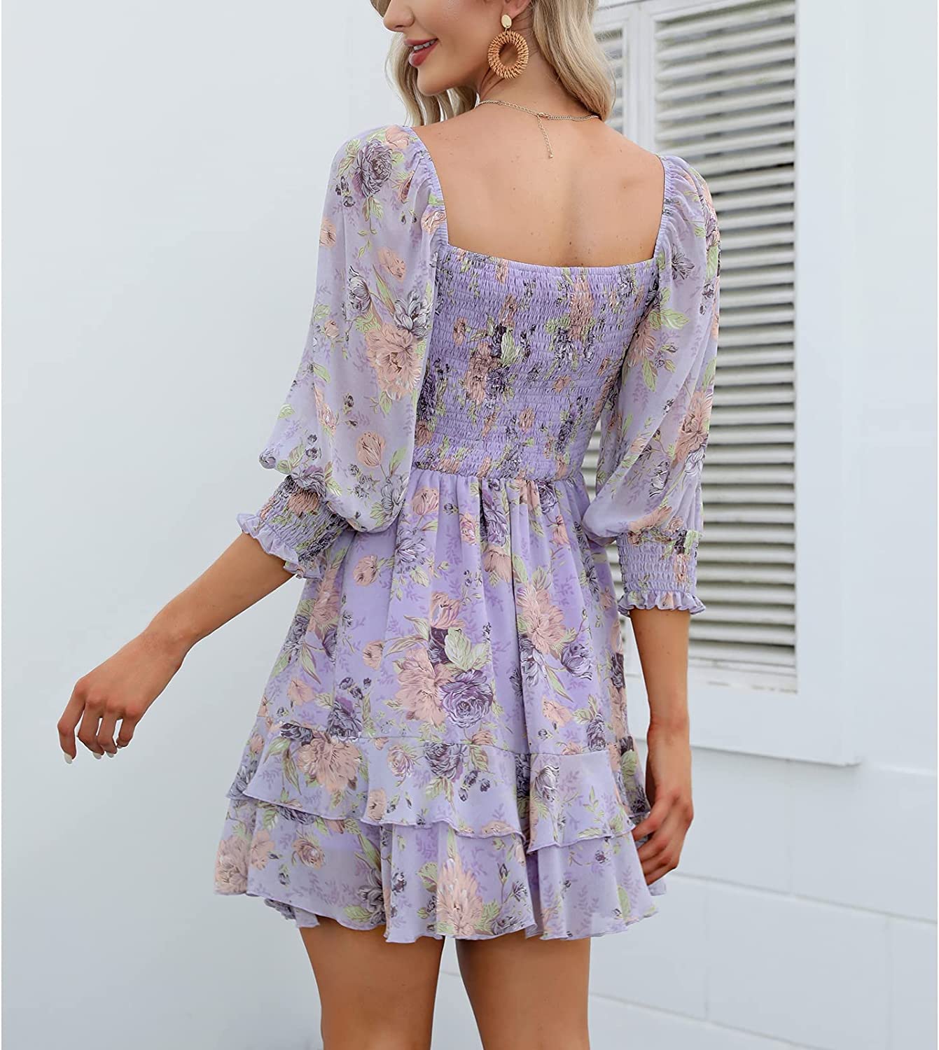 EXLURA Womens Floral Ruffle Summer Dress Sundress Tiered Square Neck Long Sleeve Off Shoulder Smocked Skater Mini Dress - Image 5